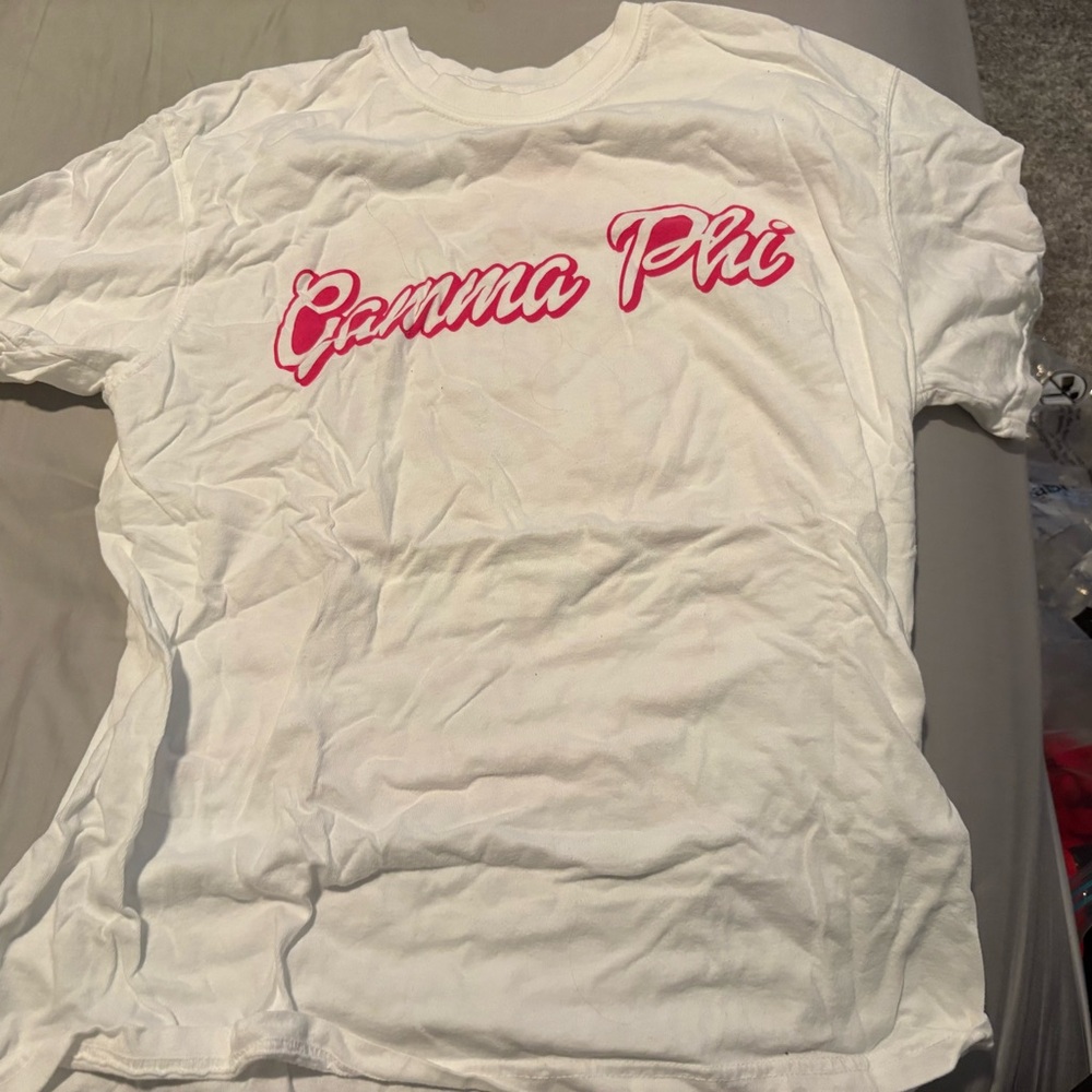 White T-Shirt with Pink Gamma Phi Text
